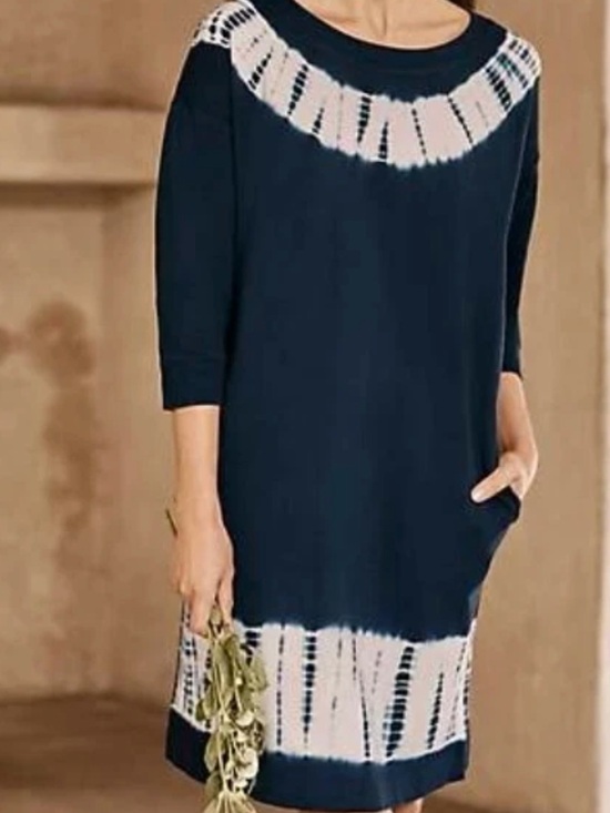 Pure Jill Tops - Navy Tie-Dye Yoke & Hem Tunic Dress